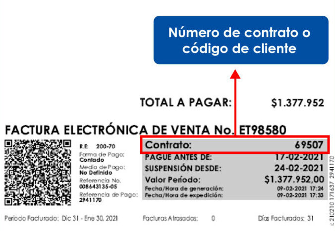 Explicación de donde se encuentra el numero de contrato en la factura